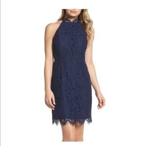 Navy Blue High Neck Lace Cocktail Dress